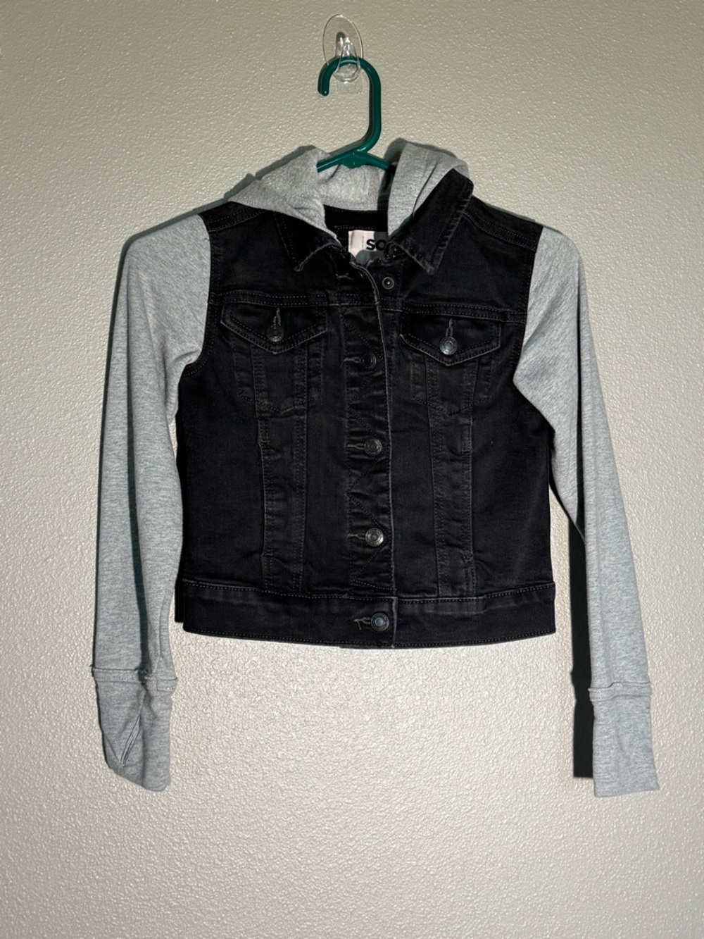SO Kids Black Denim Jacket with Gray Hoodie Sleeves